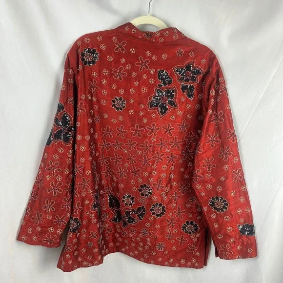 Chico's Silk Beaded Sequin Floral Blouse Shirt Red Size 3 XL Anniversary Collec - Picture 4 of 9
